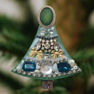 Handcrafted Christmas Tree Ornament Polymer Clay Recycled Costume Jewelry